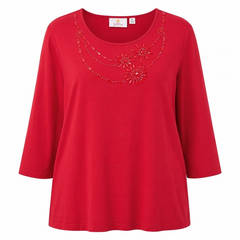 Quacker Factory Women's 1X Red Embellished 3/4 Sleeve Top Rhinestone Beaded...